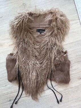 Vintage Beige Tan Mongolian Lamb Fur Vest Curly Shearling Shawl Vest with Tie XS